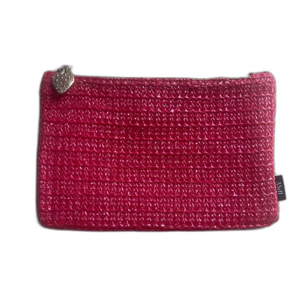 RARE Ipsy Glam Bag –March 2025 – Strawberry-Inspired Faux Straw Pouch with Charm